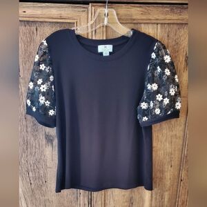 CeCe Womens Embroidered Chiffon Puff Sleeve Top Size M black